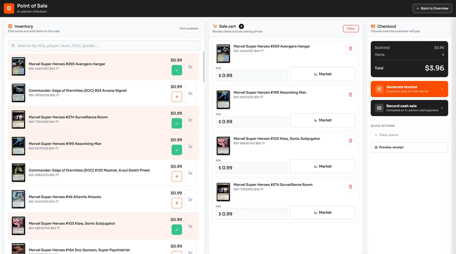 Pulltrader point of sale with inventory search, cart, checkout, and receipt controls