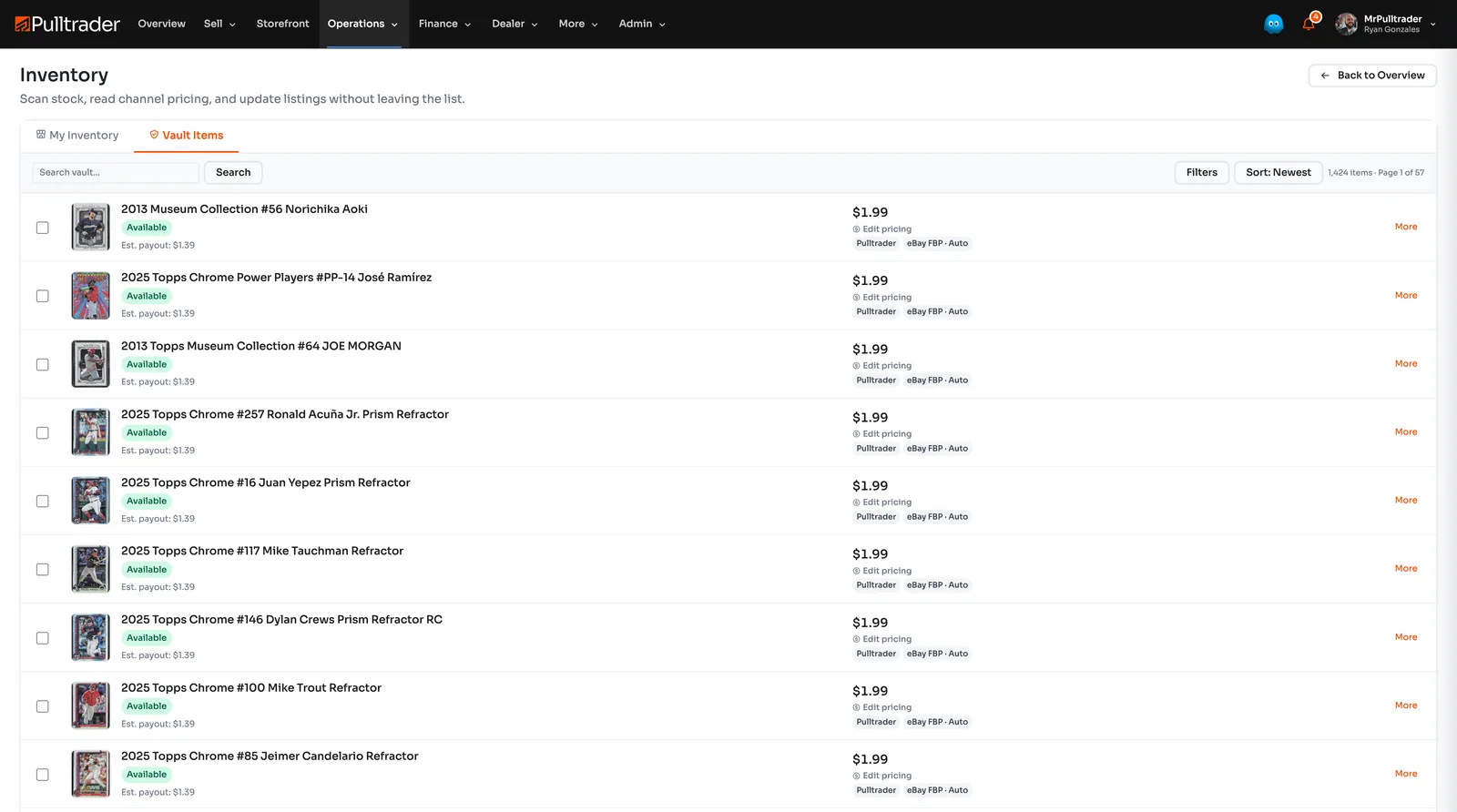 Pulltrader inventory list showing vaulted cards with prices, estimated payouts, and sales channels