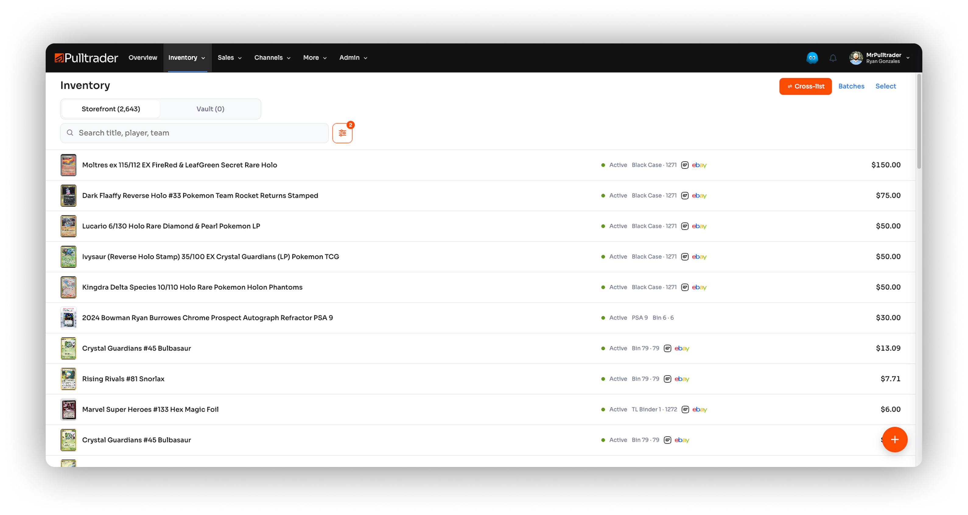 Pulltrader overview: inventory, active listings, 30-day sales, Pulltrader priorities, and payouts